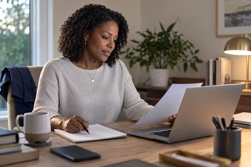 A professional reviews printed career materials beside a laptop.