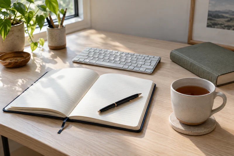 An open notebook, pen, keyboard, book, and cup of tea on a sunlit desk.