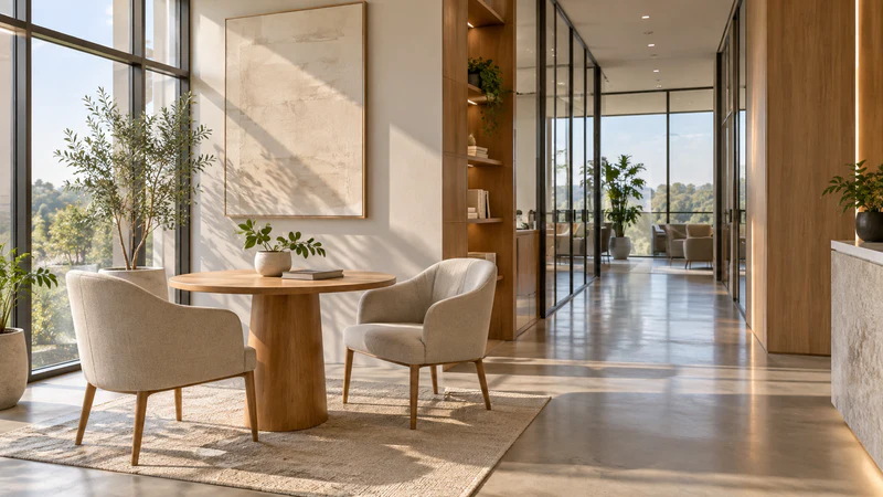Two upholstered chairs beside a round table in a sunlit modern meeting area.
