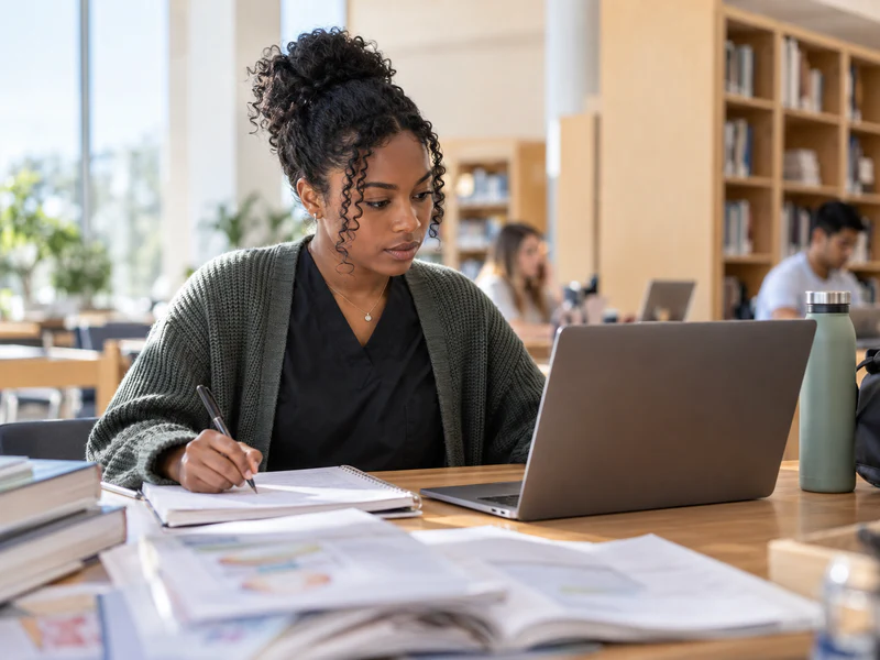 A nursing student writes in her notes beside a laptop in a bright library.