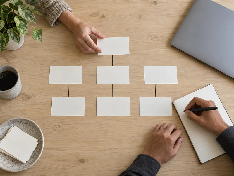 Hands arrange blank workflow cards and write notes on a pale wood table.
